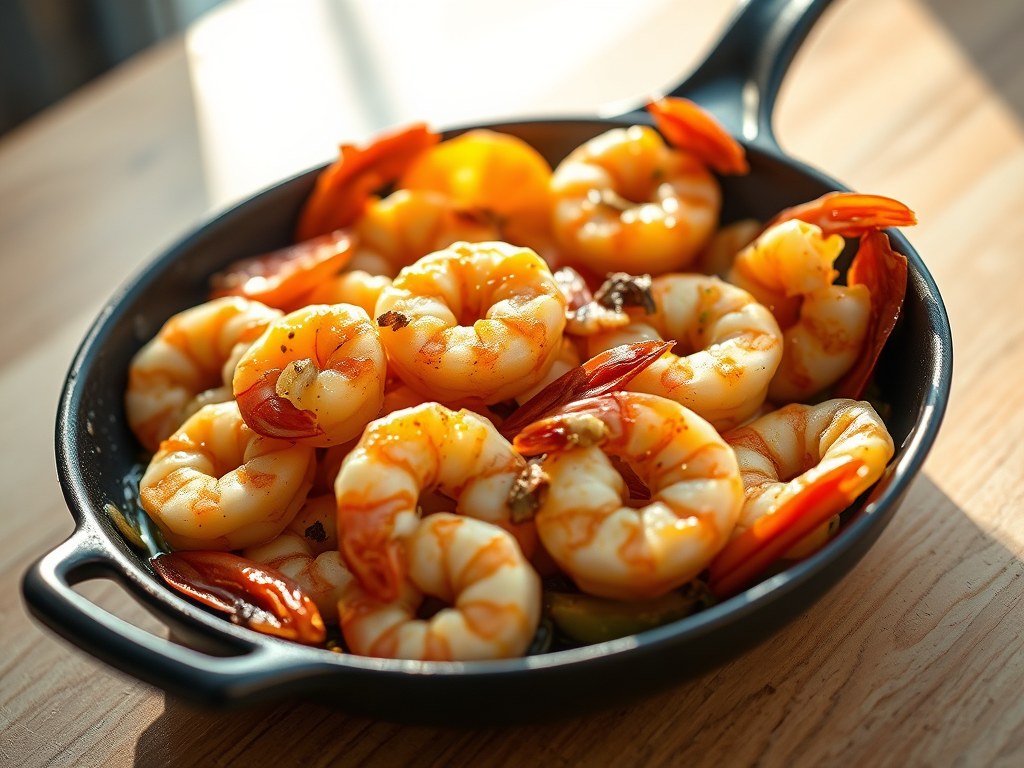 Gebakken garnalen met knoflook (scampi, gamba’s), AI-gegenereerde illustratie