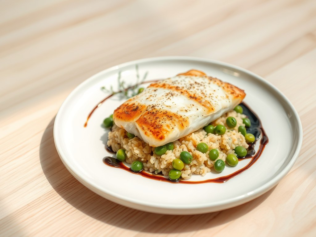 Gebakken griet met pistou-risotto en tuinbonen, AI-gegenereerde illustratie