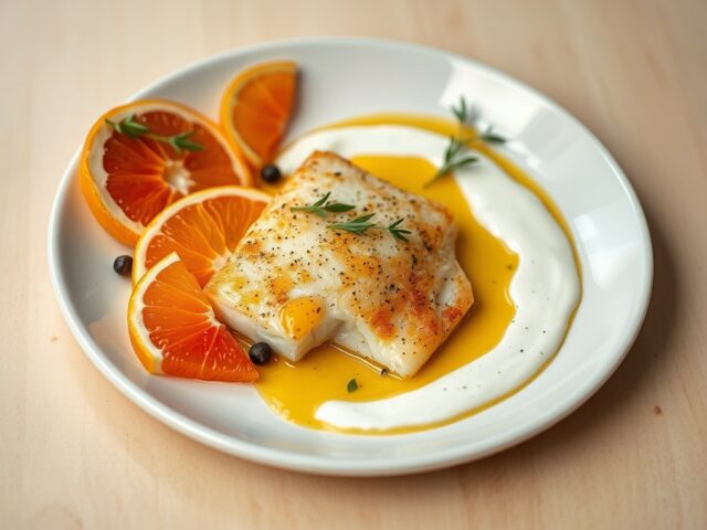 Gebakken kabeljauw met citrusvruchten (zie opm)