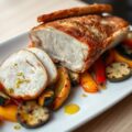 Gebakken konijnenfilet met lauwe salade van gegrilde groenten en citroenvinaigrette