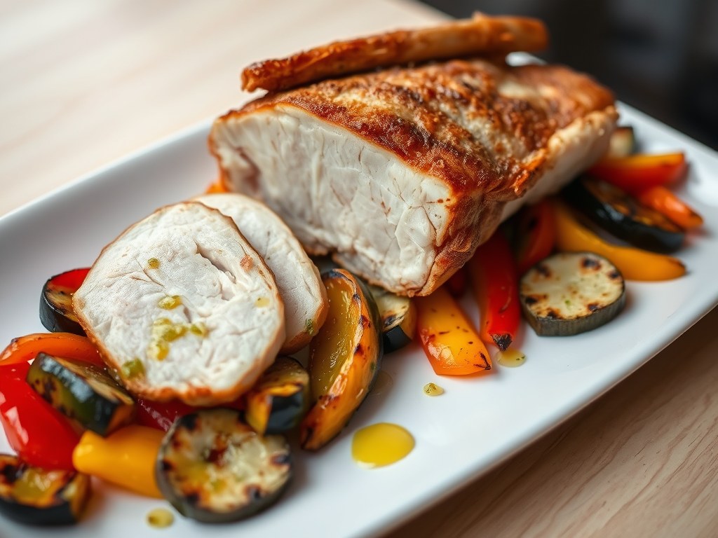 Gebakken konijnenfilet met lauwe salade van gegrilde groenten en citroenvinaigrette, AI-gegenereerde illustratie