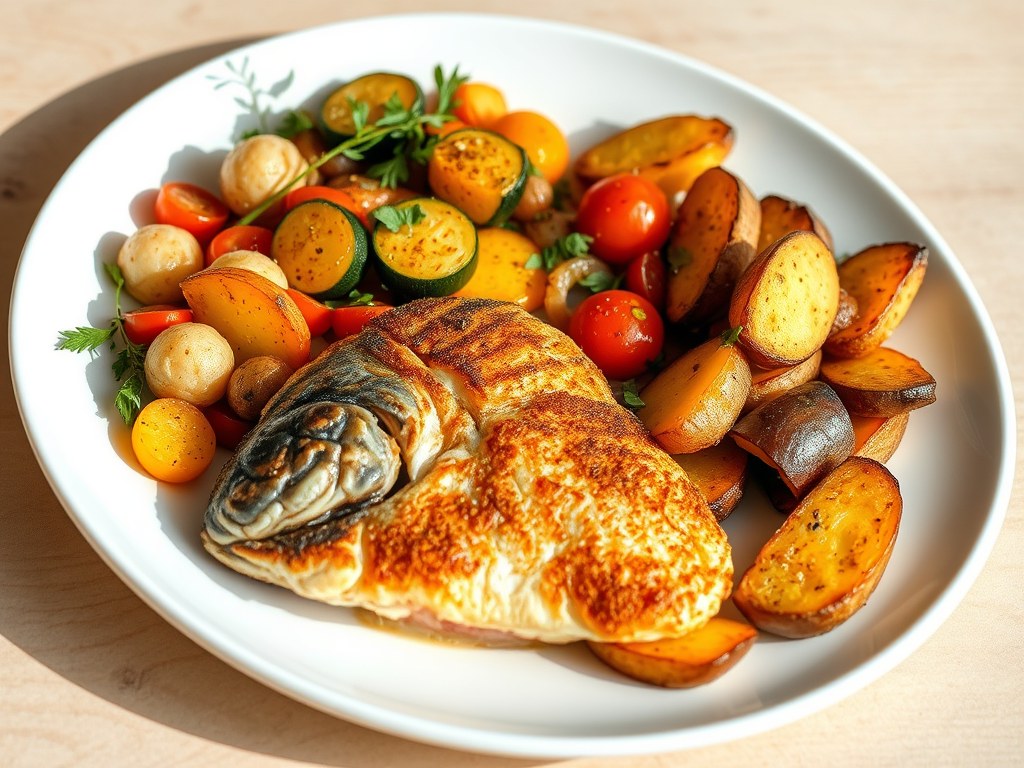 Gebakken koolvis met groente-ratatouille en aardappelen, AI-gegenereerde illustratie