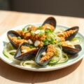 Gebakken mosselen met lente ui op komkommersalade