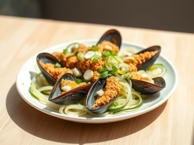 Gebakken mosselen met lente ui op komkommersalade