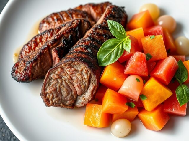 Gebakken ossenhaasstukjes met fruitsalade