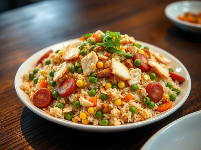 Gebakken RIJST met Crab en Chinese Worstjes