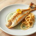 Gebakken skrei met mousseline van algen en linguini