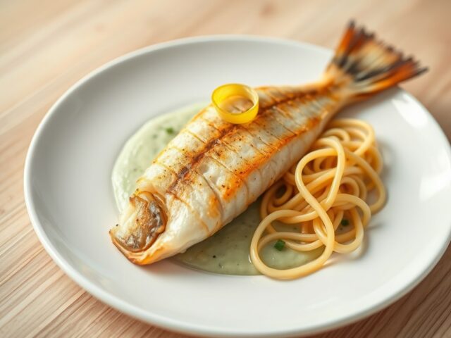 Gebakken skrei met mousseline van algen en linguini