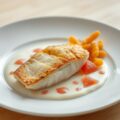 Gebakken tarbot, mousselinesaus met roze pompelmoes en tempura van pompoen