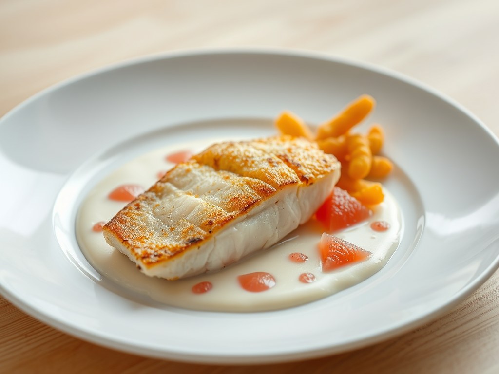 Gebakken tarbot, mousselinesaus met roze pompelmoes en tempura van pompoen, AI-gegenereerde illustratie