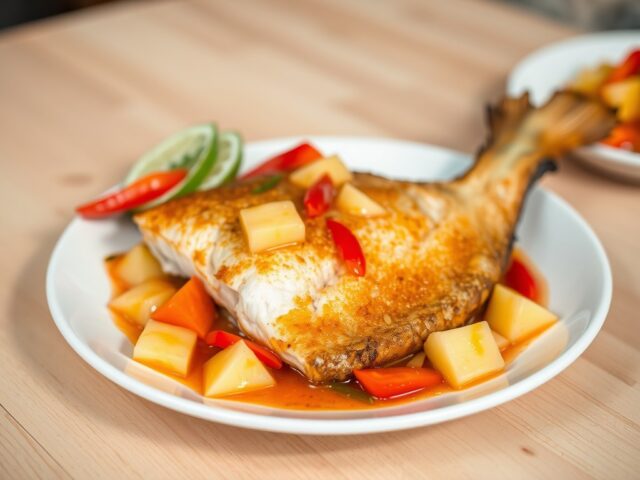 Gebakken vis(vlees of gevogelte)met zoetzure saus