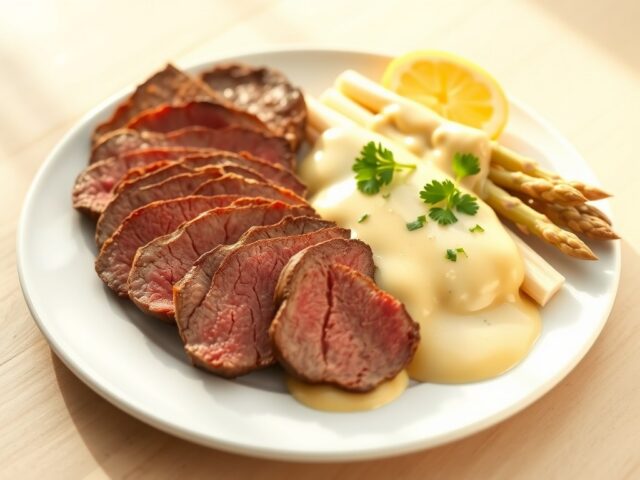 Gebraden rosbief met asperges in Hollandse saus