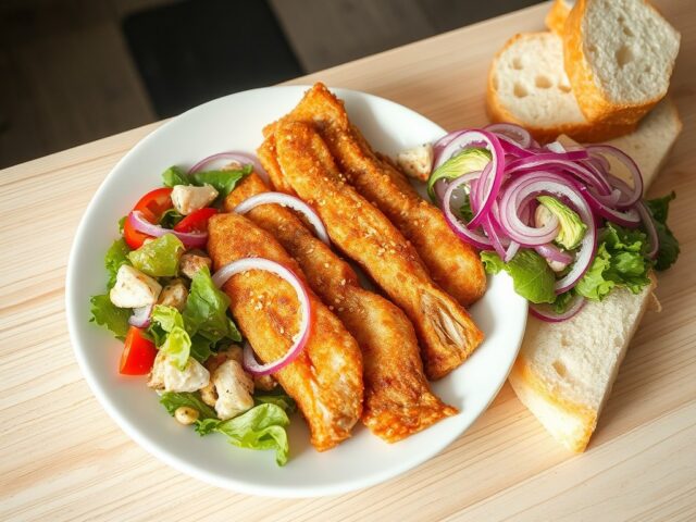 Gefrituurde haring met rode uiensalade, olijvensau