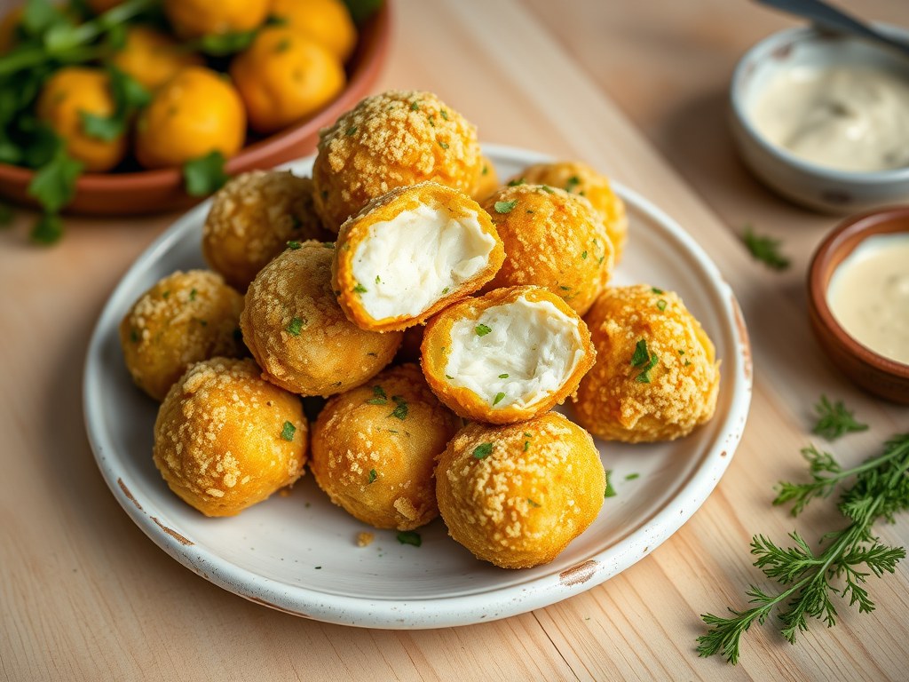 Gefrituurde mozzarellaballetjes, AI-gegenereerde illustratie