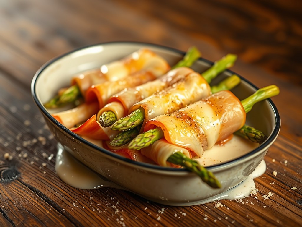 Gegratineerde asperges met ham in witbier, AI-gegenereerde illustratie