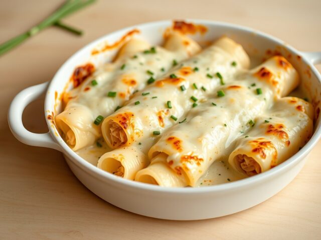 Gegratineerde cannelloni met prei en kip