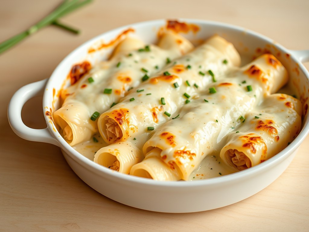 Gegratineerde cannelloni met prei en kip, AI-gegenereerde illustratie