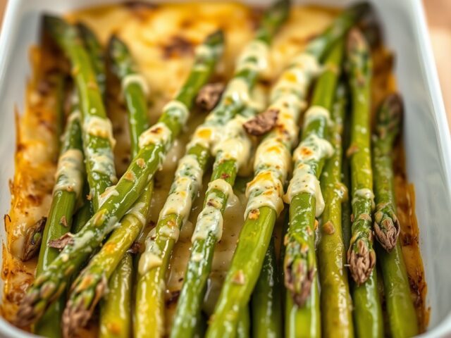 Gegratineerde groene asperges + witte truffelolie