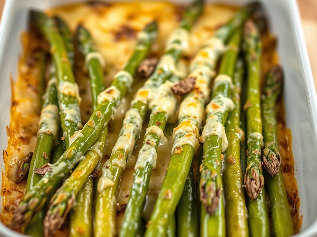 Gegratineerde groene asperges + witte truffelolie, AI-gegenereerde illustratie
