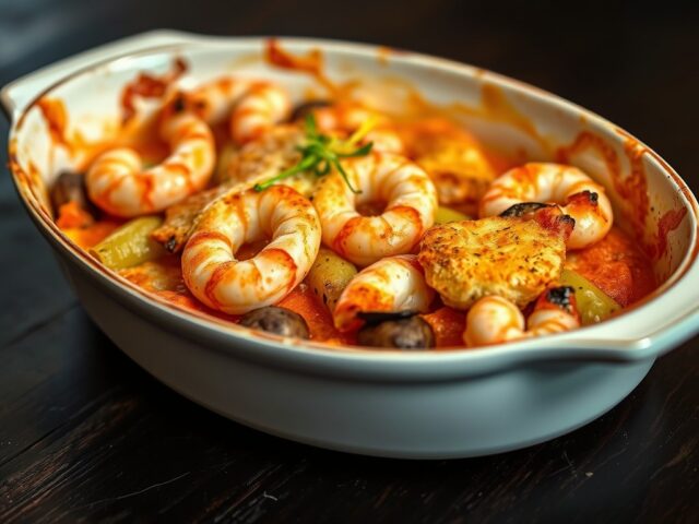 Gegratineerde groenten met scampi