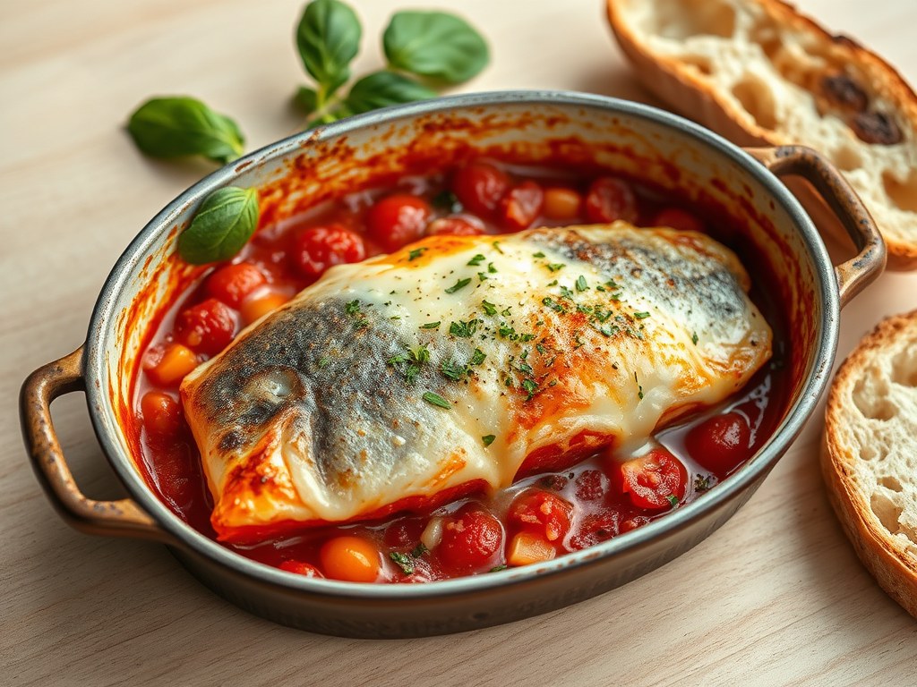 Gegratineerde makreelfilet, AI-gegenereerde illustratie