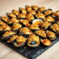 Gegratineerde mosselen met roquefort en gedroogde