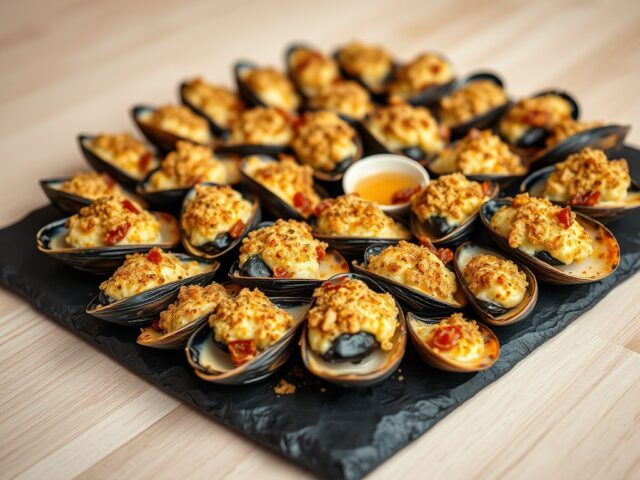 Gegratineerde mosselen met roquefort en gedroogde