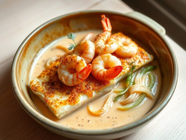 Gegratineerde tarbot met gamba’s en prei
