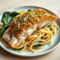 Gegratineerde zalmfilet met Boursin, spaghetti en