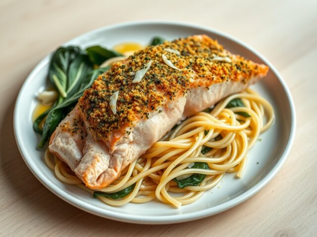 Gegratineerde zalmfilet met Boursin, spaghetti en