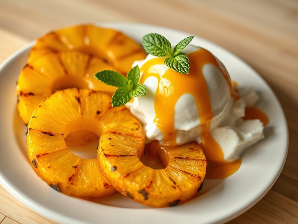 Gegrilde ananas met Grand Marniersiroop en vanill, AI-gegenereerde illustratie
