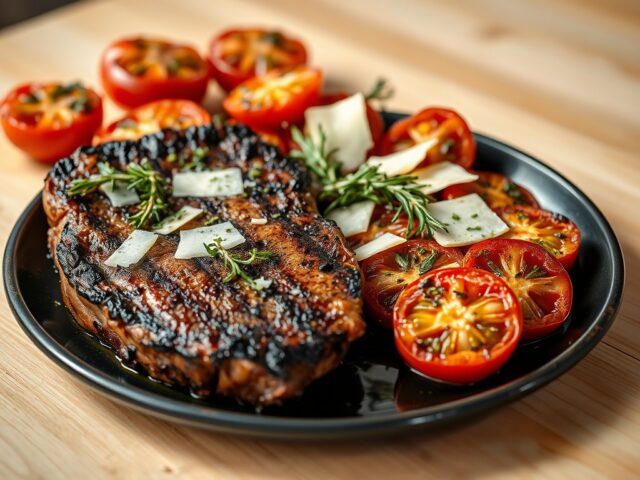 Gegrilde biefstuk met tomaten op zuiderse wijze