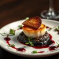 Gegrilde coquille op auberginecompôte met een schijfje ganzelever