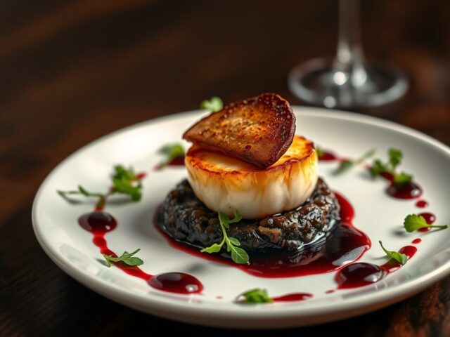 Gegrilde coquille op auberginecompôte met een schijfje ganzelever
