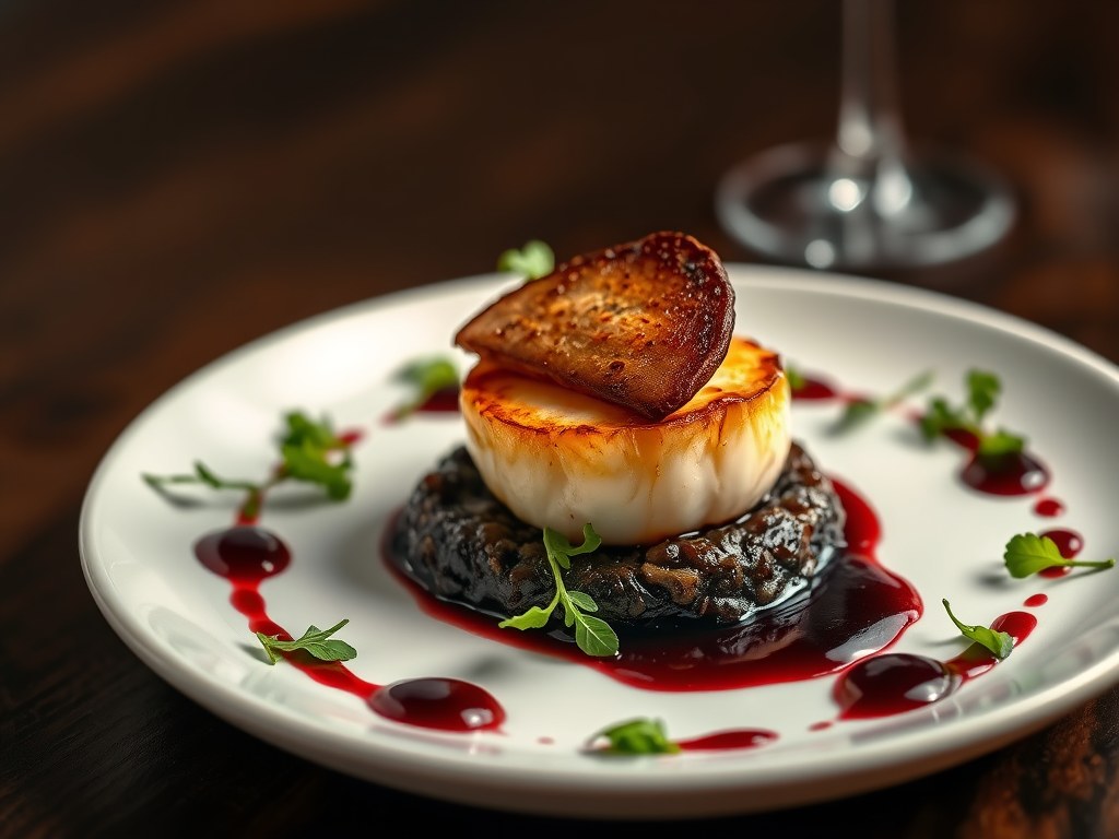 Gegrilde coquille op auberginecompôte met een schijfje ganzelever, AI-gegenereerde illustratie