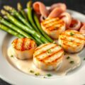 Gegrilde coquilles met groene asperges, Seranoham