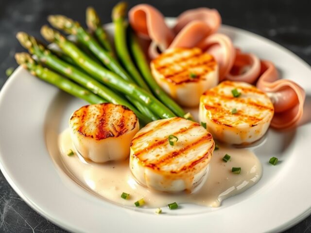 Gegrilde coquilles met groene asperges, Seranoham