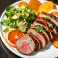 Gegrilde eendenborst met citrusfruit, pittig gekruid slaatje en chips van zoete aardappelen