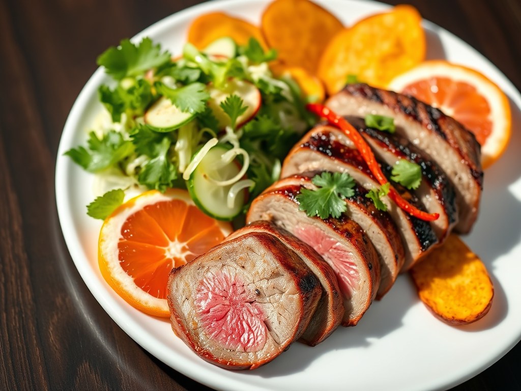 Gegrilde eendenborst met citrusfruit, pittig gekruid slaatje en chips van zoete aardappelen, AI-gegenereerde illustratie