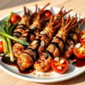 Gegrilde gamba’s met lente-ui, tomaat en …..
