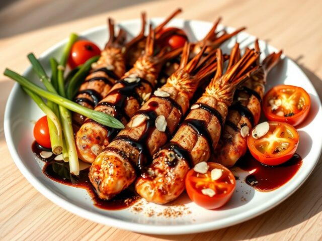 Gegrilde gamba’s met lente-ui, tomaat en …..
