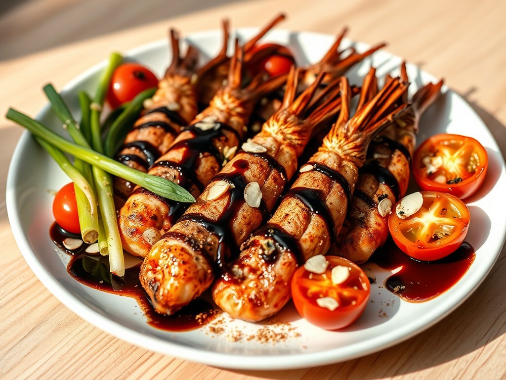 Gegrilde gamba’s met lente-ui, tomaat en ….., AI-gegenereerde illustratie