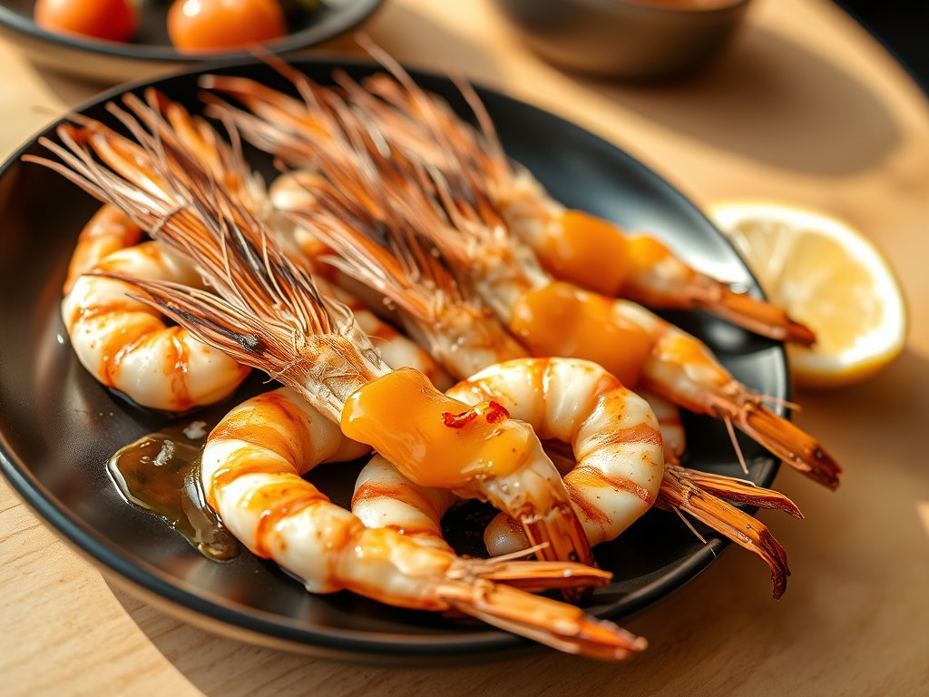 Gegrilde garnalen met japanse dressing, AI-gegenereerde illustratie