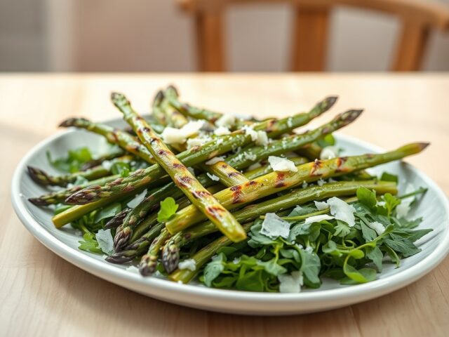 Gegrilde groene asperges met rucola
