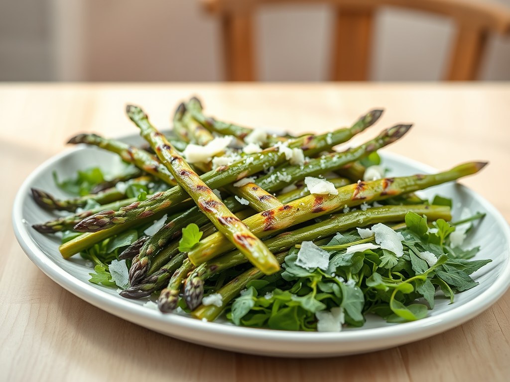 Gegrilde groene asperges met rucola, AI-gegenereerde illustratie