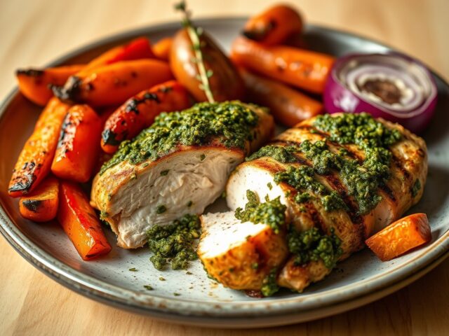 Gegrilde kip in pesto met geroosterde groenten
