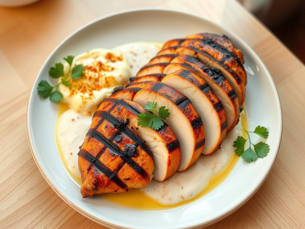 Gegrilde kipfilet met kokossaus en kruidige yoghurt, AI-gegenereerde illustratie