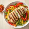 Gegrilde kipsalade met sugar snaps en paprika
