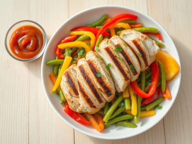 Gegrilde kipsalade met sugar snaps en paprika