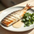 Gegrilde koolvis met slaatje van postelein en zijn coulis